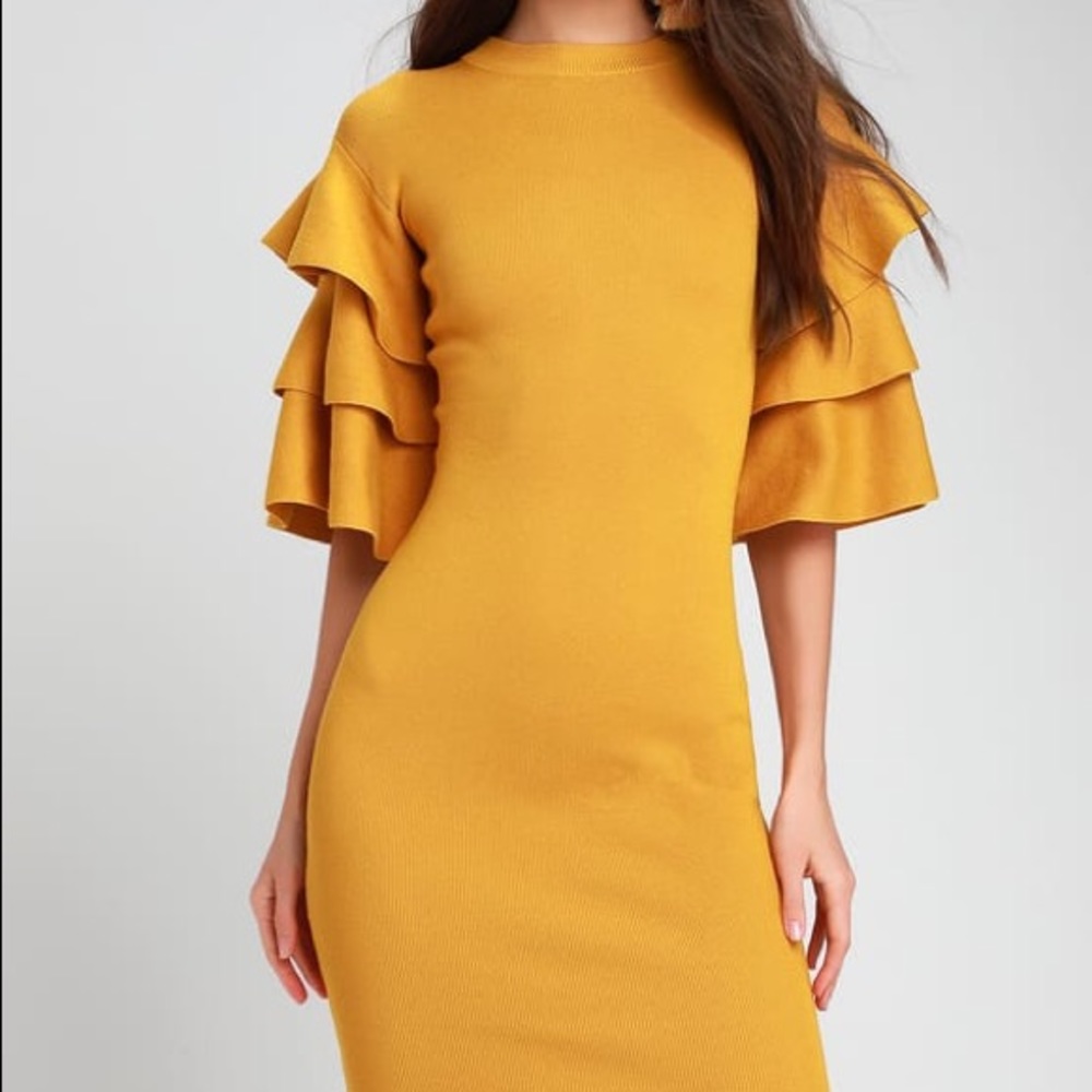 Lulu’s yellow statement sleeve midi dress
